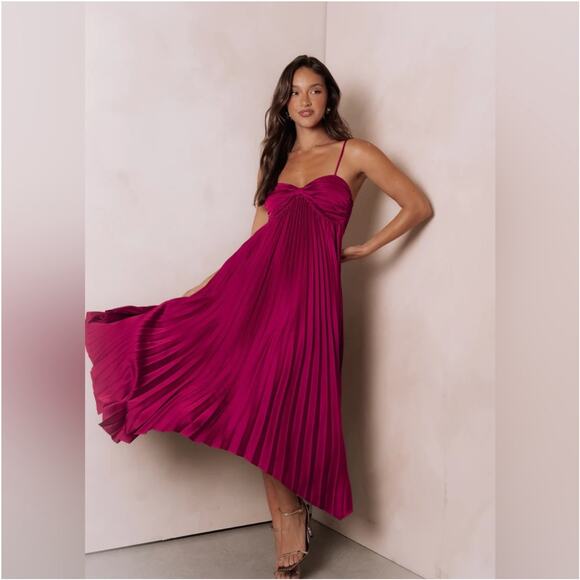 Petal & Pup Dress Womens 6 Magenta Vikki Pleated Sweatheart Midi Party Cocktail - Picture 2 of 14